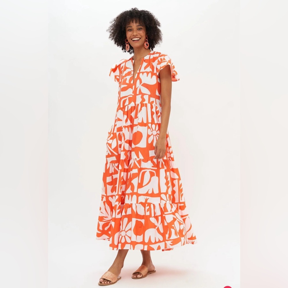 Oliphant Orange & White Graphic Floral Tiered Maxi Dress